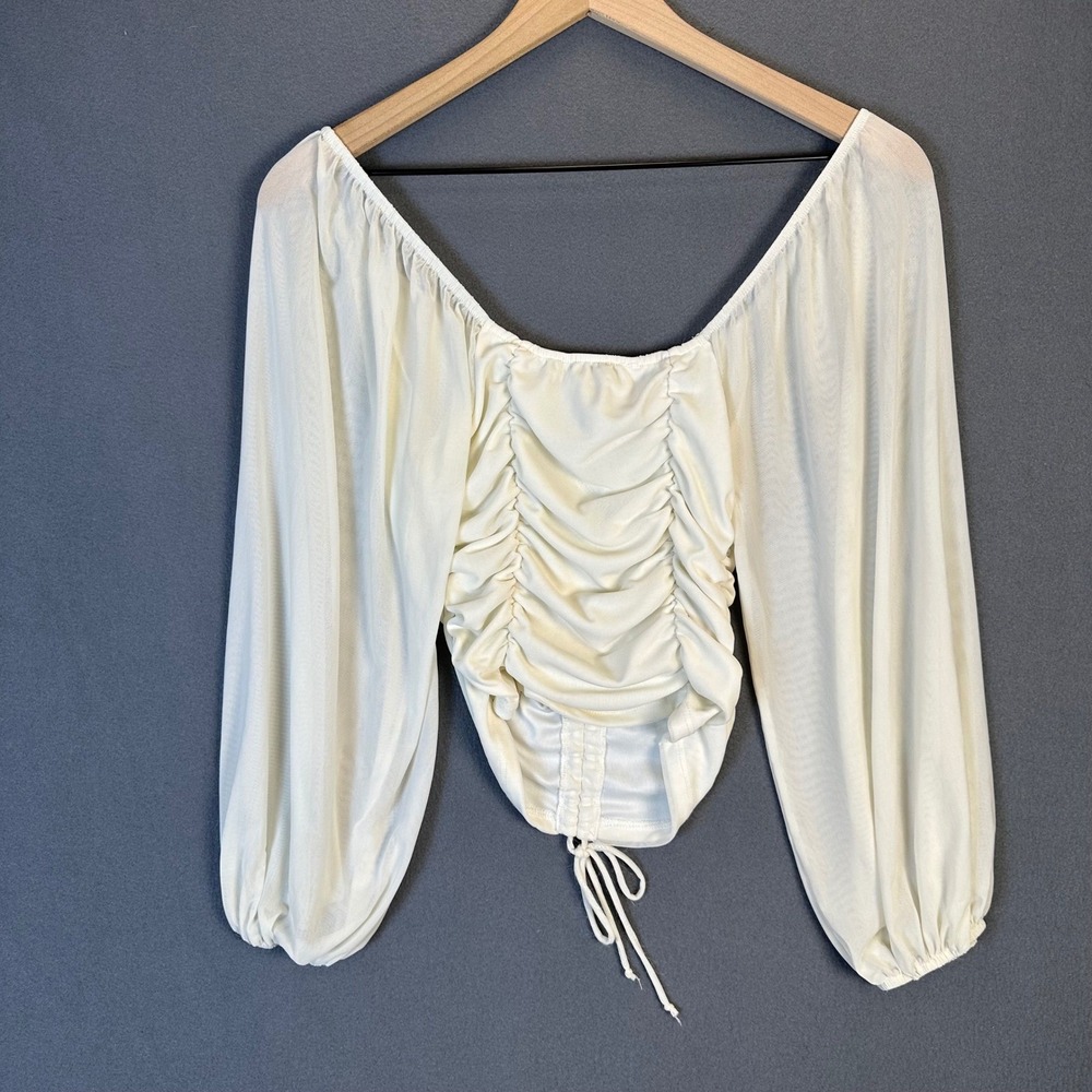 Emory Park Cream Ruched Mesh Long Sleeve Blouse Small Off White Boho Fairy - Picture 11 of 12